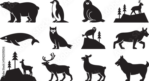 Ten Black Silhouettes of Arctic and Boreal Animals Vector Graphic Set Polar Bear Penguin Seal Deer Whale Owl