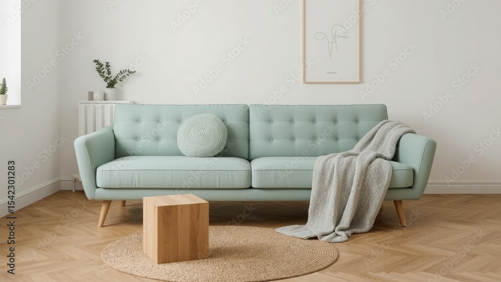 Obraz premium Modern living room interior design with light green sofa wooden coffee table and neutral decor
