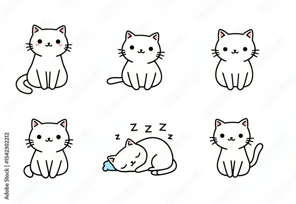 Obraz premium Cute cartoon cats in various poses with sleeping kitten illustration 