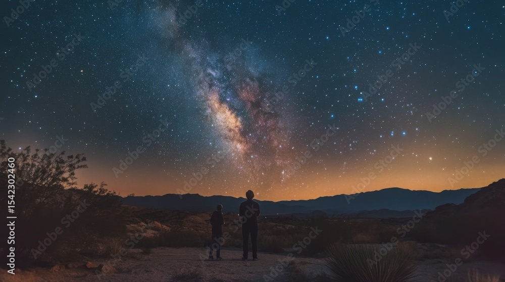 Fototapeta premium Two people stand together gazing at the beautiful night sky