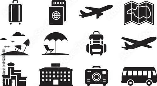 Ten Clean Black Vector Silhouettes of Travel Icons Airplane Luggage Passport Map Beach Umbrella Backpack Hotel