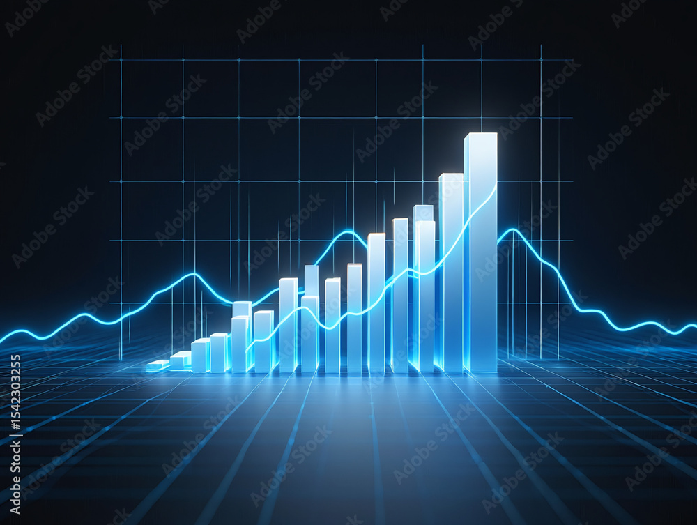 Fototapeta premium A blue bar graph with an upward trending line on a dark background with a grid pattern overlaying it