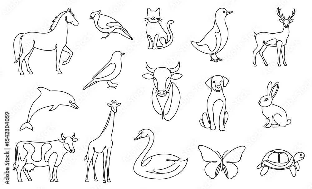 Set of animals drawn in one line style. Horse, bird, cat, swan, giraffe, cow, dolphin, butterfly, hare, deer, dog, turtle on white background Set of animals drawn in one line style. Horse, bird, cat, swan, giraffe, cow, dolphin, butterfly, hare, deer, dog, turtle on white background