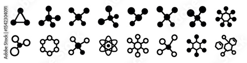 Set of vector molecular structure icons in flat black style. Abstract atom and chemistry symbols. Science, biology, and nanotechnology concepts.