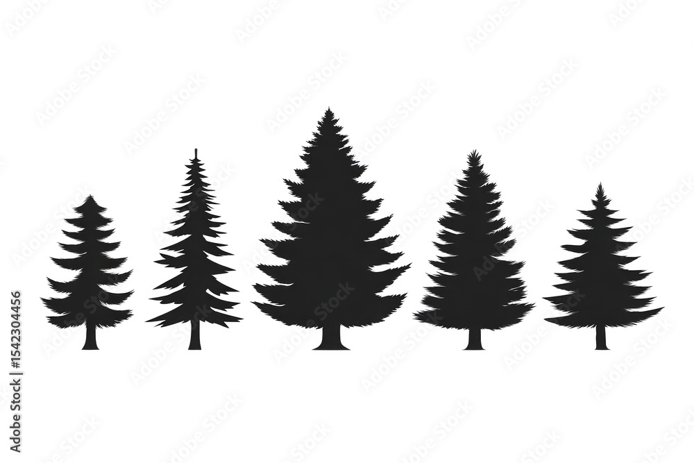 Obraz premium Silhouette of five pine trees in varying sizes, creating simple and natural design. black outlines against transparent background evoke sense of calm and nature