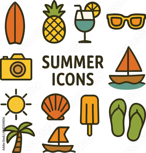 Minimalist Summer Icon Vector Set – Geometric Tropical Vacation Elements with Surfboard, Cocktail, and Sunglasses

