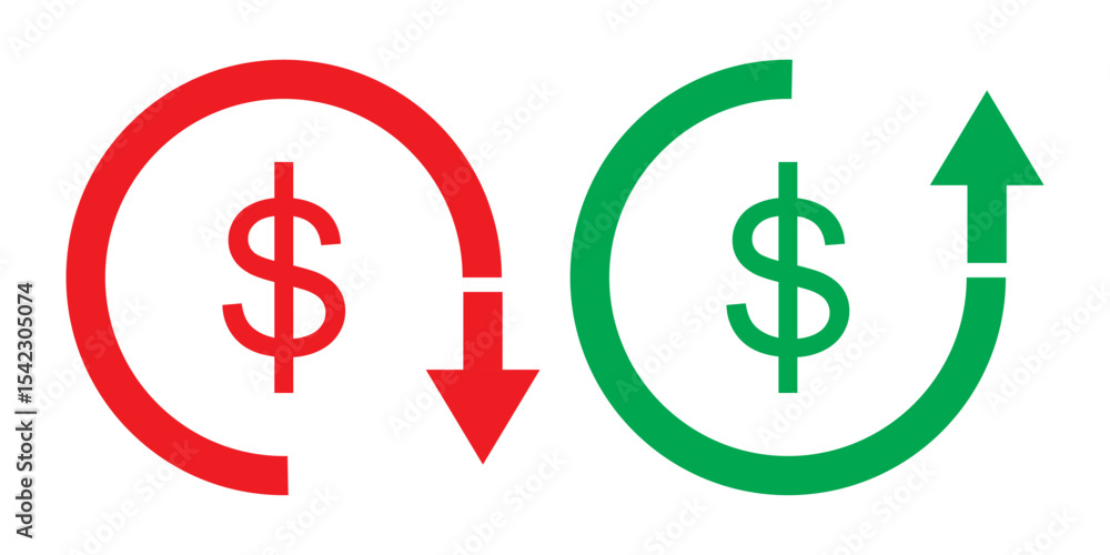 Cost Reduction icon, Cost Reduction sign vector, Recession icon. Cost reduction up and down icon Dollar symbol. Cost Reduction icon, Cost Reduction sign vector, Recession icon. Cost reduction up and down icon Dollar symbol.