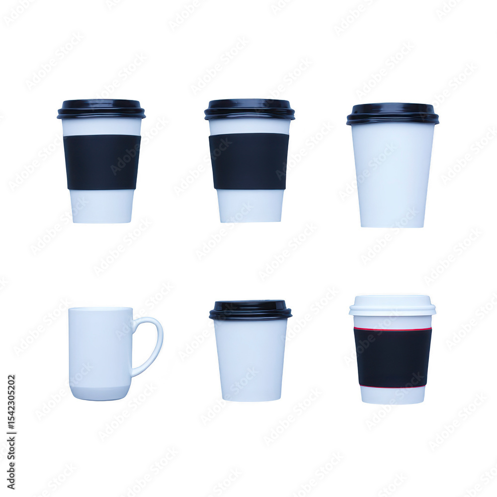 Collection of six coffee cups, including disposable and ceramic types, displayed against plain background. cups vary design, with some featuring black lids and sleeves, while one is white ceramic Collection of six coffee cups, including disposable and ceramic types, displayed against plain background. cups vary design, with some featuring black lids and sleeves, while one is white ceramic