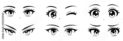 Japanese anime eyes set on isolated background. Black and white manga character, animation art style set