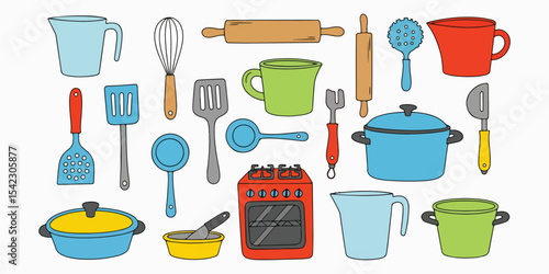 Colorful kitchen utensils vector illustration featuring cooking pots oven and baking supplies for culinary designs