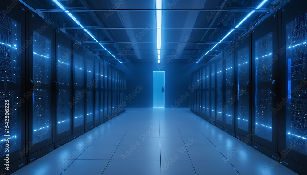 Blue Data Center Server Room: Secure and Modern Technology Infrastructure Blue Data Center Server Room: Secure and Modern Technology Infrastructure