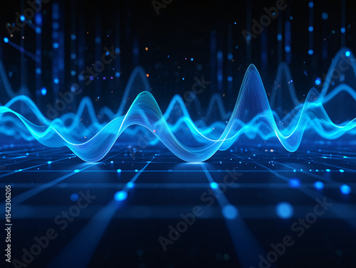 Abstract blue waves over a grid with particles and light effects on a dark background design element
