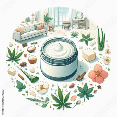  Artistic illustration of cream jar surrounded by natural ingredients in a cozy interior setting