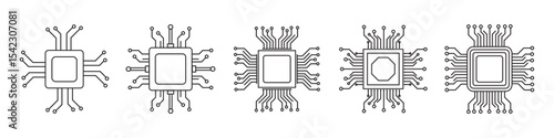 Artificial intelligence processor chip icon. Vector set of AI processor circuits with thin line isolated on white background. Vector illustration.