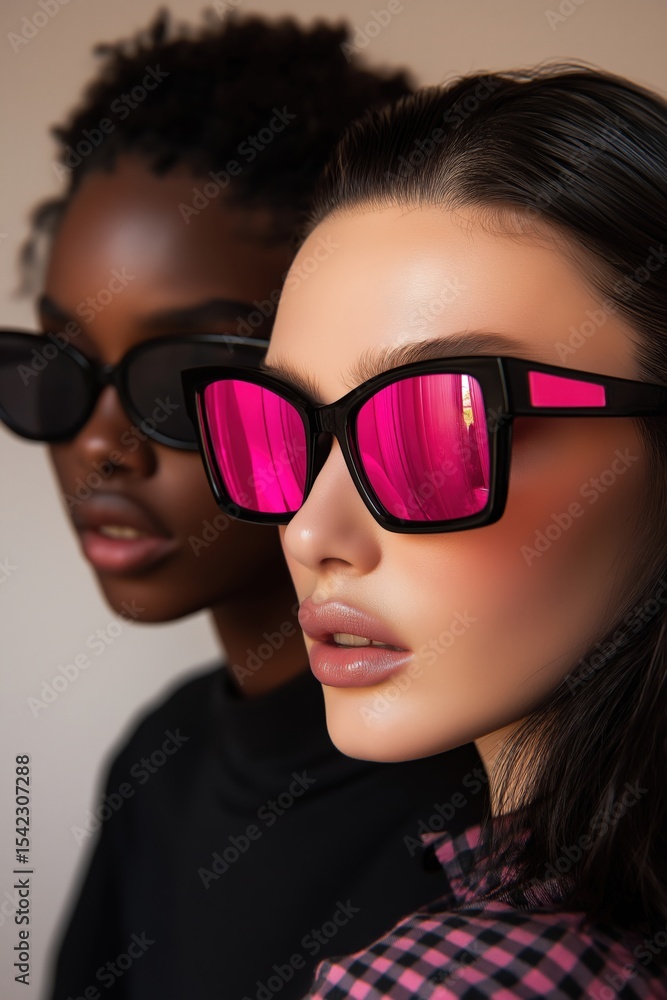 Stylish individuals wearing fashionable sunglasses pose for a close-up photo in a modern, brightly lit setting Stylish individuals wearing fashionable sunglasses pose for a close-up photo in a modern, brightly lit setting