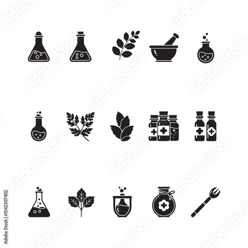 Black and White R P G Potion Alchemy Herb Icons Set vector illustrations