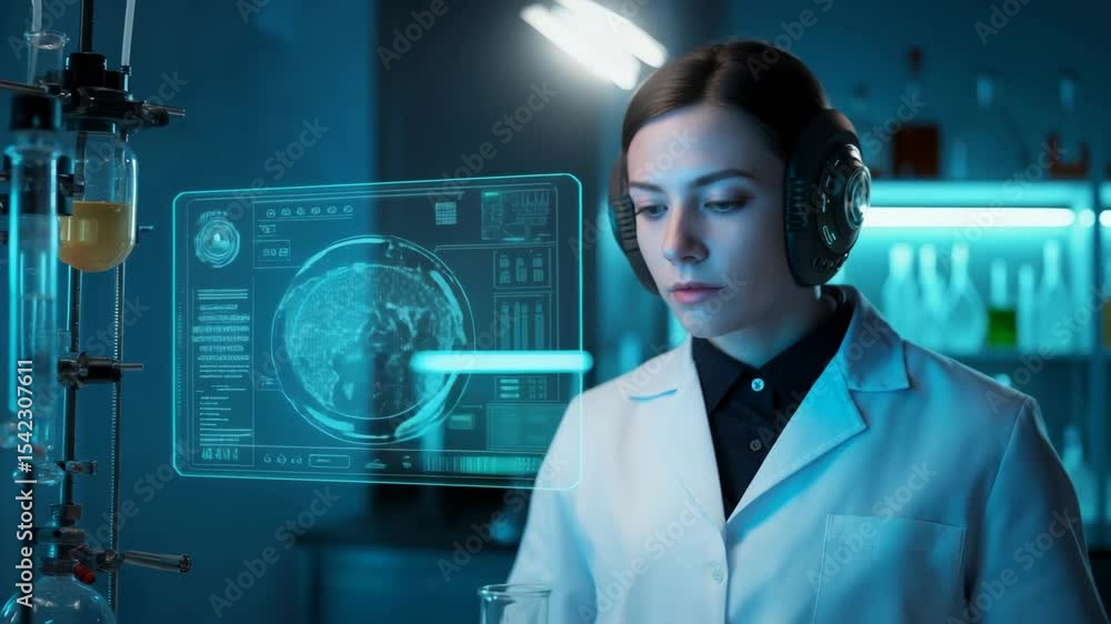Scientist analyzing futuristic holographic data in advanced laboratory setting Scientist analyzing futuristic holographic data in advanced laboratory setting
