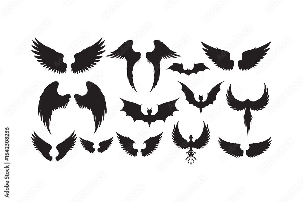 Obraz premium vector icons set of Black Silhouette Wings Bats Phoenix Game Design Elements illustrations