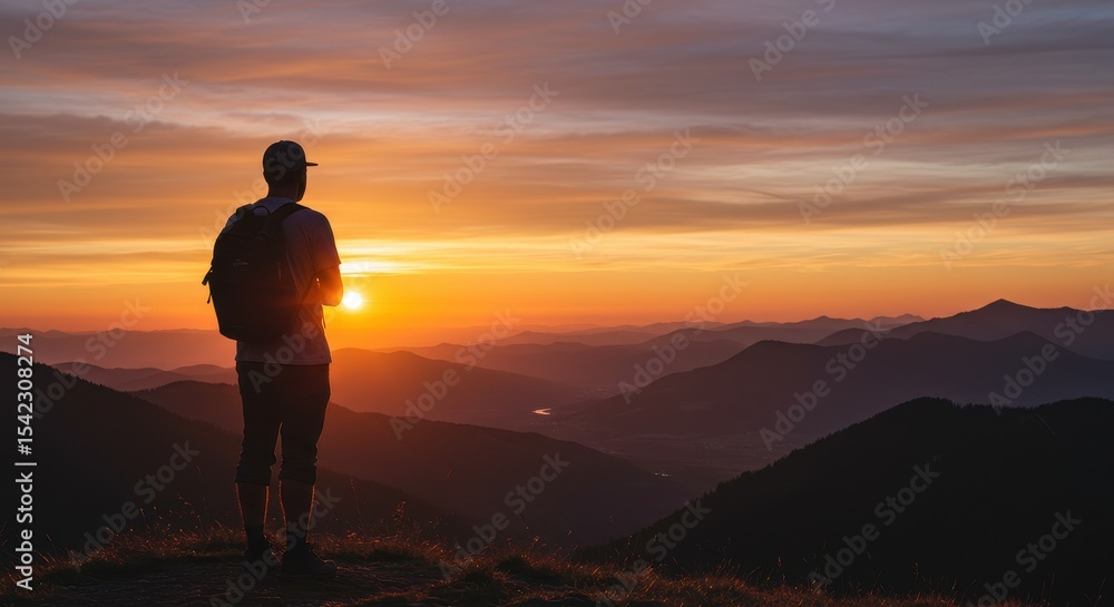 Silhouette of a Hiker on a Mountain at Sunrise Silhouette of a Hiker on a Mountain at Sunrise