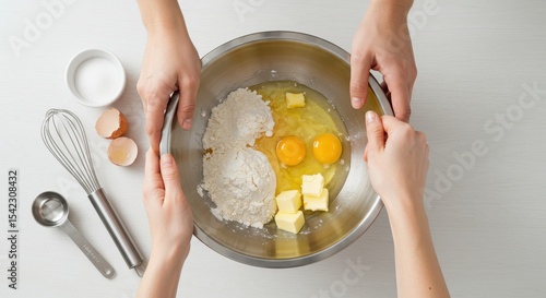 Preparing Baking Ingredients in a Silver Mixing Bowl