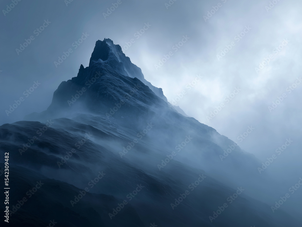 Obraz premium Mist-shrouded mountain peaks pierce the sky, their rugged slopes often dusted with snow, creating a serene winter landscape