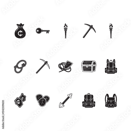 R P G Game Black Icons Set Treasure Adventure Backpack Pickaxe Key Torch Coins vector illustrations