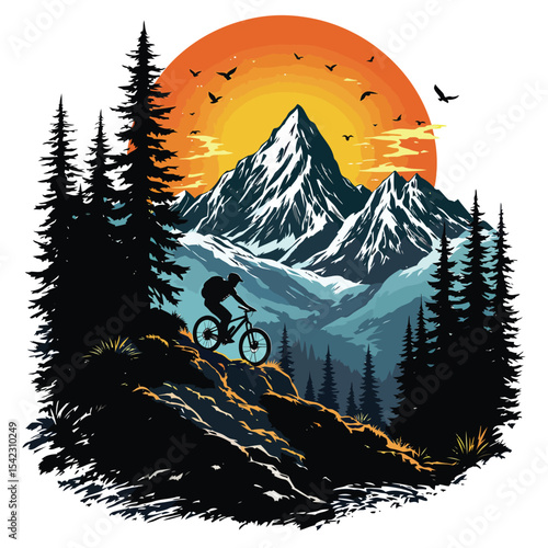 Mountain Biker's Silhouette Against a Vibrant Sunset Majestic Peaks and Evergreen Trees Depicting Adventure and Natural Beauty