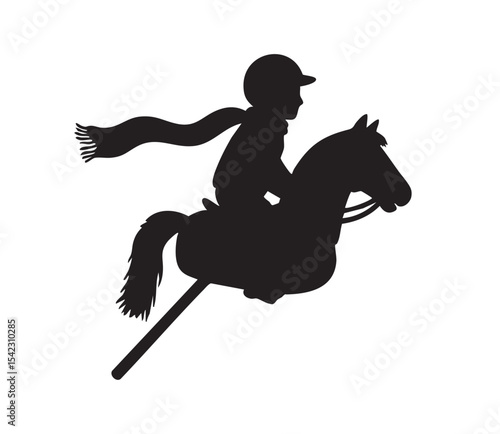 Hobby Horse Riding Silhouette Vector | Kids Jumping and Galloping with Stick Horse | Equestrian Toy Sport Design