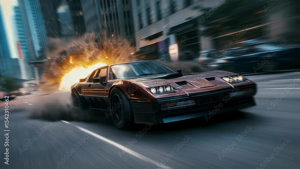 Blockbuster action shot of a car race. Fast 80s-style supercar speeding ...
