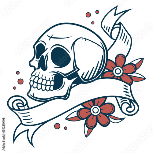 Old school tattoo style skull with ornate ribbon banner and traditional blooming flowers, featuring bold outlines and classic shading for vintage American tattoo designs.