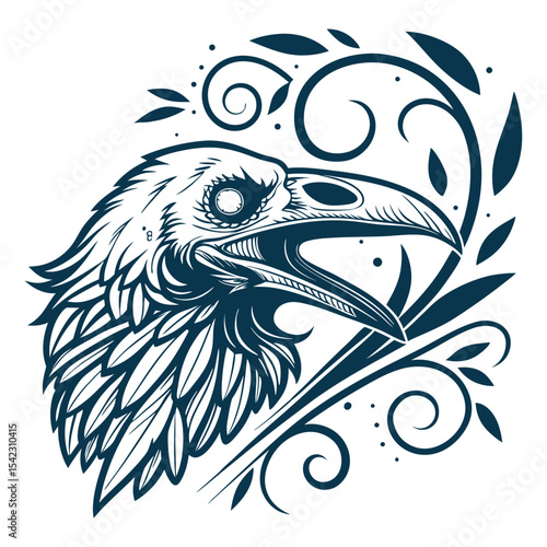 Vintage monochrome raven head screaming with floral accents, rendered in bold old school tattoo line art style, suitable for print, emblem, sticker, patch, or t-shirt design.