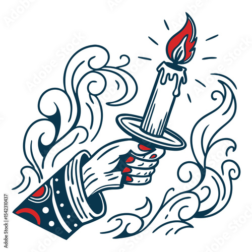 Old school tattoo style hand with red nails holding burning candle with melted wax, surrounded by decorative swirls, using bold lines and classic shading for vintage mystical design.
