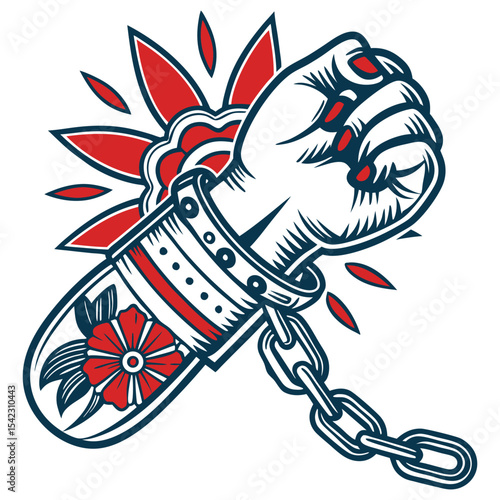 Old school tattoo style handcuffed hand gripping chain, decorated with floral designs, combining vintage rebellion and resilience themes using bold lines and classic shading.