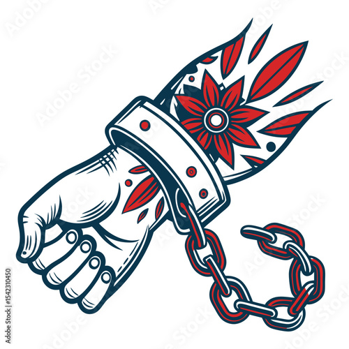 Old school tattoo style handcuffed hand gripping chain, decorated with floral designs, combining vintage rebellion and resilience themes using bold lines and classic shading.