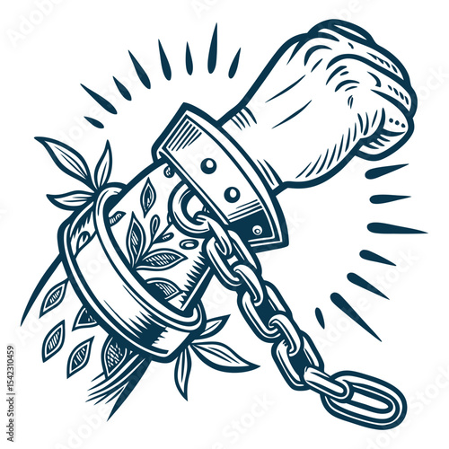 Old school tattoo style handcuffed hand gripping chain, decorated with floral designs, combining vintage rebellion and resilience themes using bold lines and classic shading.