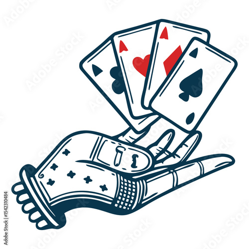 Old school tattoo style metallic mechanical hand gripping vintage playing cards, featuring bold outlines and suit symbols, designed for graphic apparel and retro decorative themes