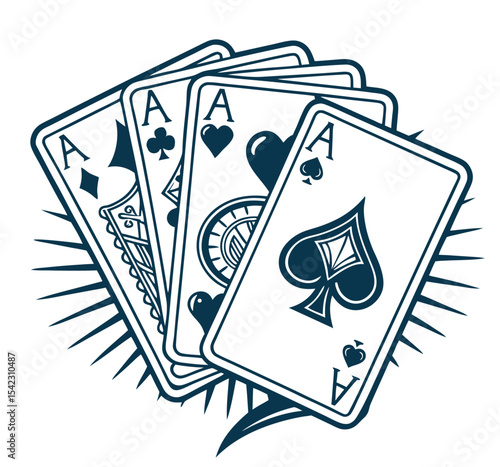 Old school tattoo style playing cards set showing ace of clubs, diamonds, hearts, spades with bold outlines and vintage shading, reflecting classic gambling and retro design elements