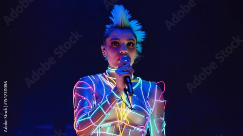 Neonclad performer singing with vibrant light display on stage