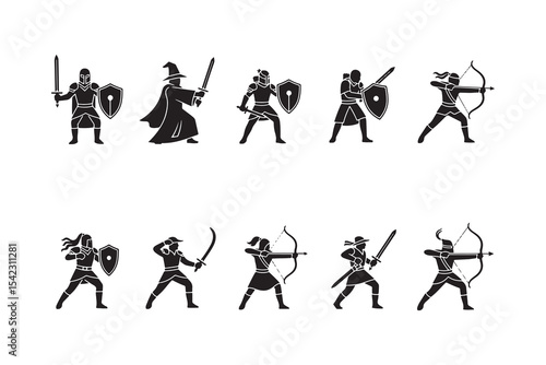 silhouette vector set R P G Game Character Icons  Knights Archers Mage Swords Shields illustrations