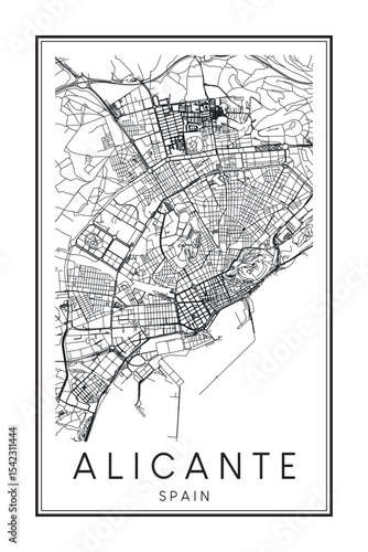 Hand drawn printable downtown road map poster of the Spanish city of ALICANTE on solid white background with city name