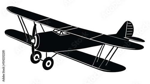 A black biplane silhouette isolated on white background