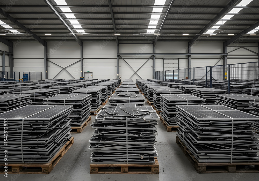 Fototapeta premium A large warehouse filled with neatly stacked solar panels on wooden pallets. The industrial setting features high ceilings and organized rows of solar panels, showcasing renewable energy technology.