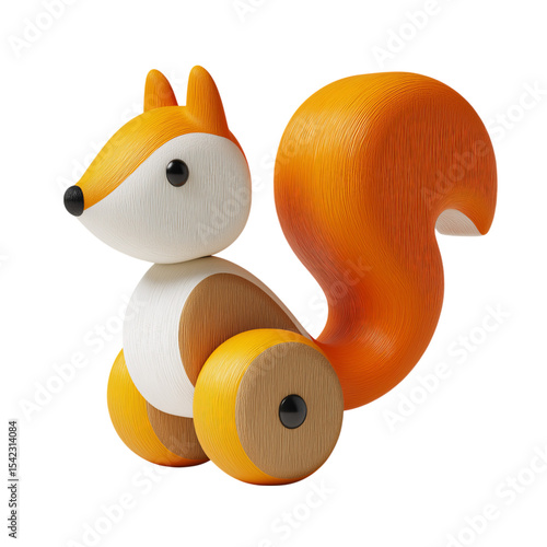 Wooden toy squirrel on wheels, yellow in color with white dots, side view, 3D rendering, isolated on a transparent background, PNG file.