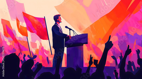 politician delivering a speech at an outdoor rally, standing behind a podium with microphones, the crowd waving flags and cheering in the background