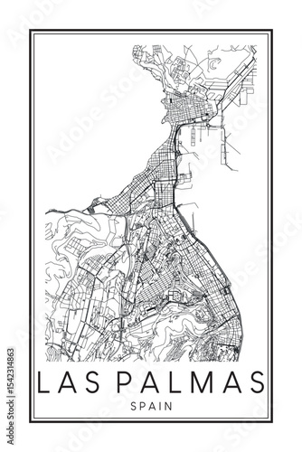 Hand drawn printable downtown road map poster of the Spanish city of LAS PALMAS DE GRAN CANARIA on solid white background with city name