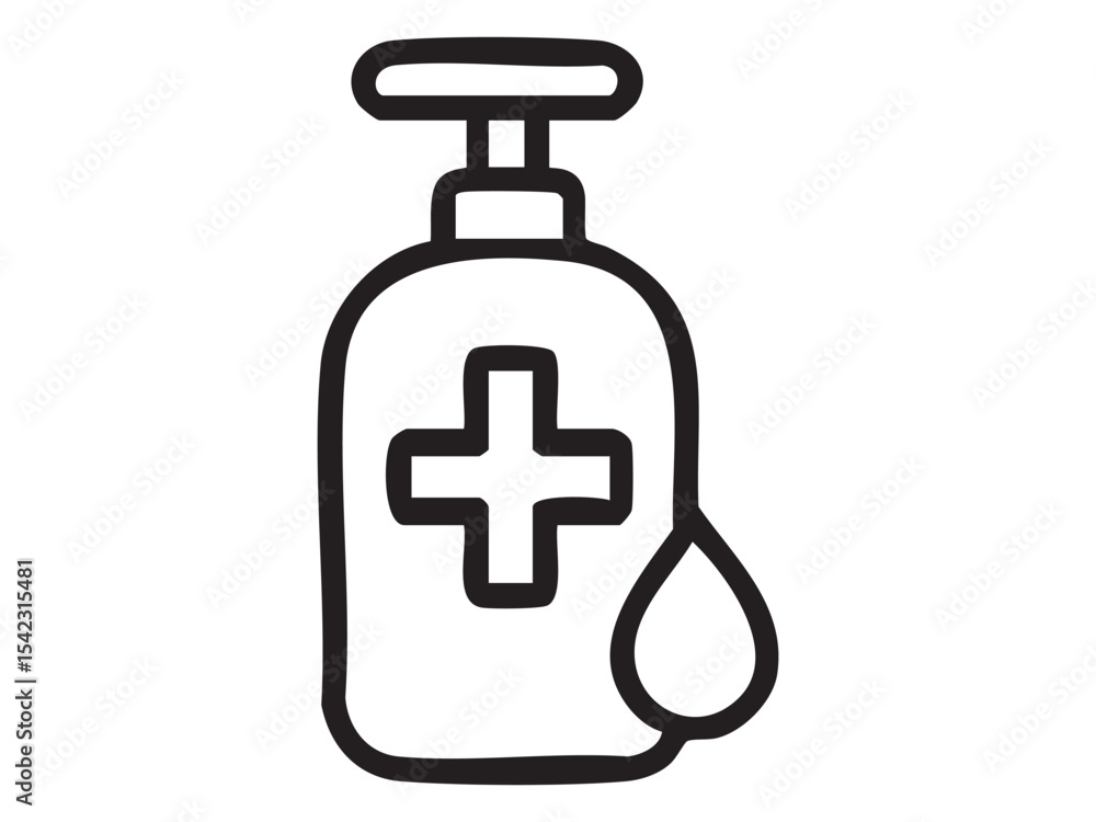 Obraz premium Black outline of hand sanitizer bottle with pump and droplet, isolated on white background. concept of hygiene, cleaning tool, health, safety, icon, design element