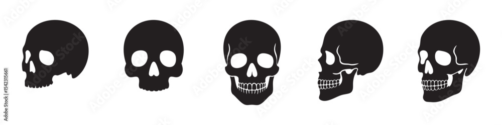 Set of human skull black silhouettes in various styles, front and side views, isolated on white background, graphic illustration. Concept of anatomy, gothic symbol, tattoo, halloween design elements Set of human skull black silhouettes in various styles, front and side views, isolated on white background, graphic illustration. Concept of anatomy, gothic symbol, tattoo, halloween design elements