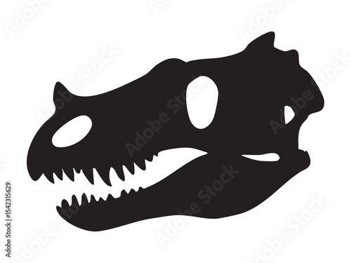 Black silhouette of Velociraptor skull with sharp teeth and narrow jaw, isolated on white background, graphic illustration. Concept of prehistoric predator skeleton, raptor dinosaur fossil