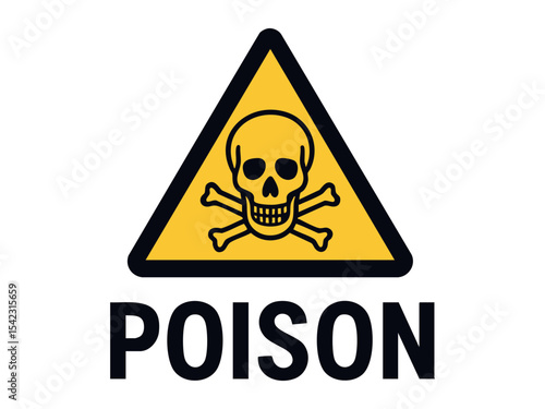 Warning sign with skull and crossbones in yellow triangle and POISON text, isolated on white background, graphic illustration. Concept of toxic substance, danger label, hazardous chemical symbol