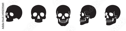 Set of human skull black silhouettes in various styles, front and side views, isolated on white background, graphic illustration. Concept of anatomy, gothic symbol, tattoo, halloween design elements